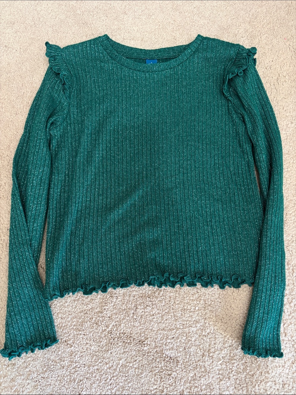 Girls Old Navy 10/12 Sparkly Emerald Green Ruffled Knit Crewneck Sweater